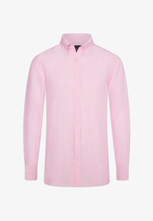 Long-sleeve, button-up shirt in light pink linen. Features a classic collar, front placket with buttons, and smooth texture.