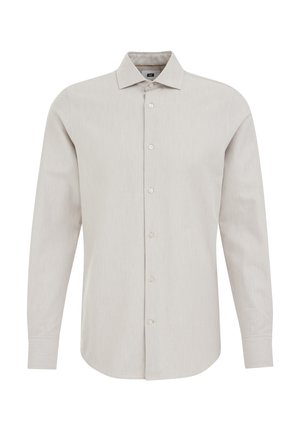 Gai bezšuvju garo piedurkņu krekls, izgatavots no faktūras auduma, ar klasisku apkakli un pogu aizdari.