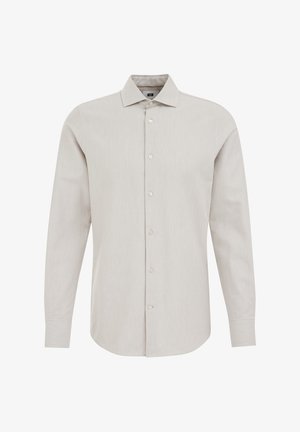 Jasnobeżowa koszula z długim rękawem, wykonana z teksturowanej tkaniny, z klasycznym kołnierzykiem i zapinaniem na guziki.