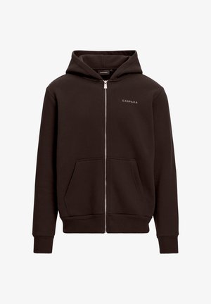 Mørkebrun zip-up hættetrøje lavet af blødt, tekstureret stof. Har en frontlomme, ribbede manchetter og et lille hvidt logo på brystet.