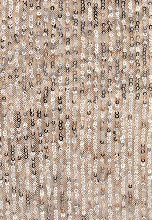 Sequin fabric in hues of gold, silver, and black, featuring circular sequins attached to a beige base, creating a textured surface.
