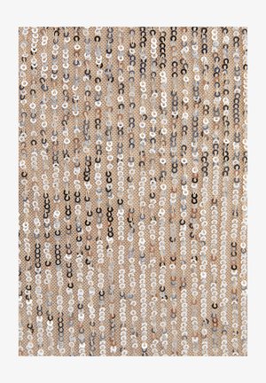 Sequin fabric in hues of gold, silver, and black, featuring circular sequins attached to a beige base, creating a textured surface.