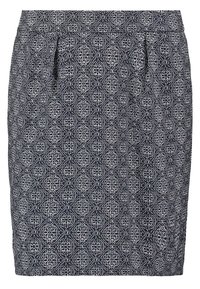 Gonna blu navy con un motivo geometrico bianco, pieghe strutturate in vita e una silhouette dritta. Tessuto morbido.