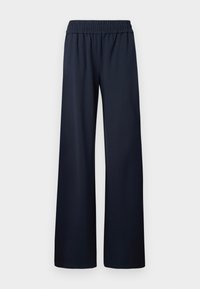 Pantalon bleu marine à jambes larges avec taille élastique, tissu lisse et sans poches visibles, présenté sur un fond uni.