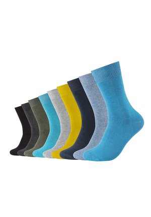 Set of ten socks in various colors, including black, green, gray, blue, and yellow. Each sock features a ribbed cuff and smooth texture.