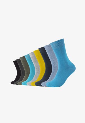 Conjunto de dez meias em várias cores, incluindo preto, verde, cinza, azul e amarelo. Cada meia apresenta um punho canelado e uma textura suave.