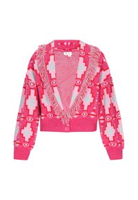 Cardigan in misto cotone di un vivace rosa con motivi geometrici in azzurro chiaro e bianco. Presenta un colletto frangiato e chiusura con bottone.
