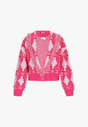 Eheline puuvillasegu kardiigan erksas roosas, millel on geomeetrilised mustrid helesinises ja valges. Omab frngitud kraed ja nööbiga kinnitust.