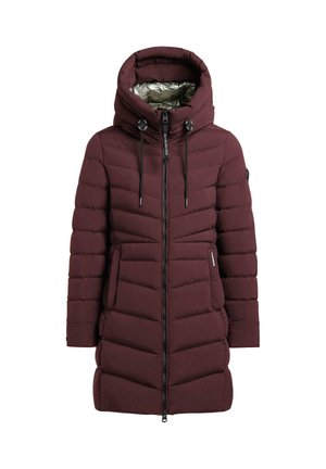 Burgunderfarbene Puffermantel mit Kapuze, ausgestattet mit einem Reißverschluss vorne, zwei seitlichen Taschen und horizontalem Steppdesign mit elastischen Kordeln.