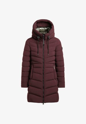 Cappotto imbottito bordeaux con cappuccio, con chiusura a zip frontale, due tasche laterali e design a righe orizzontali con cordini elastici.