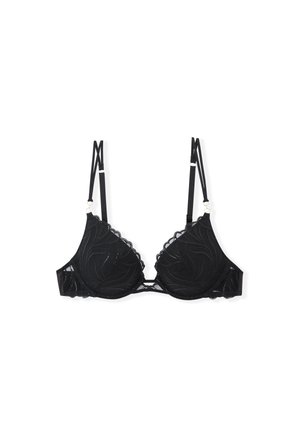 Reggiseno in pizzo nero con motivo floreale, bordi smerlati, spalline regolabili e un dettaglio decorativo centrale sul davanti.