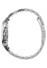 Orologio in metallo argentato con finitura lucida, cassa arrotondata e bracciale a maglie. Presenta due pulsanti e una corona testurizzata. Design del quadrante minimalista.