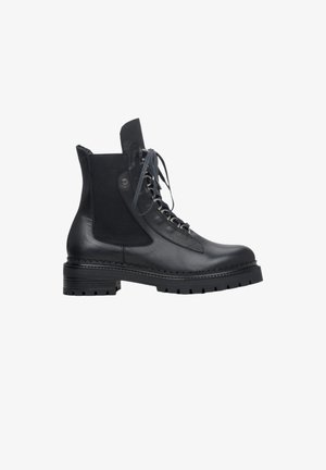 Black leather ankle boots with rubber sole, lace-up front, and elastic side panels. Features rugged tread for grip and reinforced stitching.