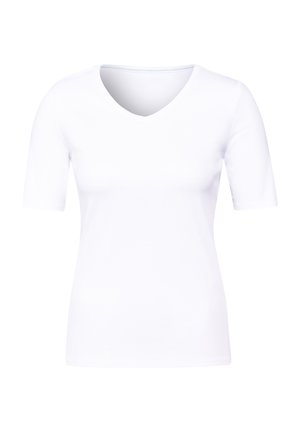 White short-sleeve V-neck T-shirt made of smooth cotton fabric, featuring a fitted design without patterns or embellishments.