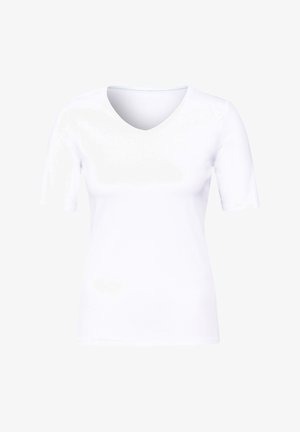 Biała, krótki rękaw, koszulka V-neck wykonana z gładkiego bawełnianego materiału, charakteryzująca się dopasowanym krojem, bez wzorów i zdobień.