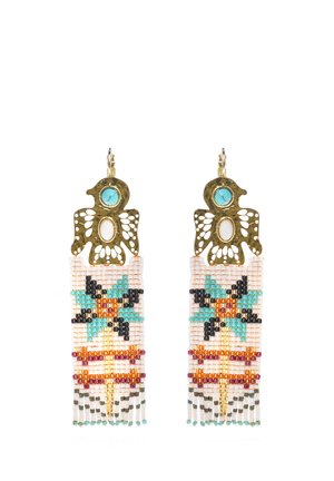 Boucles d'oreilles perlées avec un dessus couleur or orné d'une pierre turquoise. Franges multicolores avec des motifs en bleu, noir et orange.