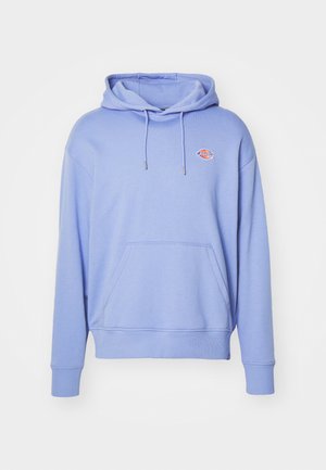 Hoodie bleu clair en coton doux. Il possède une poche frontale, des cordons de serrage ajustables et un petit logo sur la poitrine.