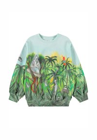 Felpa verde menta chiaro con una vivace scena di giungla, caratterizzata da palme, animali e accenti colorati in rosso, grigio e verde.