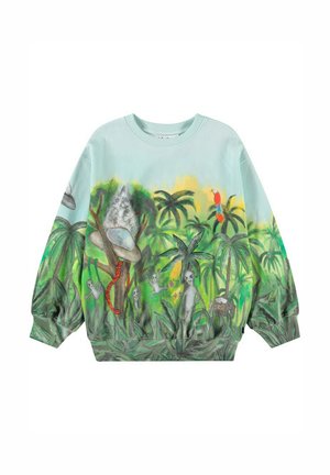 Ljus mintgrön sweatshirt med en livlig djungelscen som har palmer, djur och färgglada detaljer i röd, grå och grön.