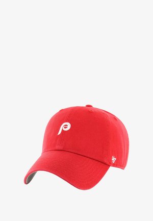 Red baseball cap with white stylized "P" logo on front and small white "47" logo on side, curved brim, and stitched panels.