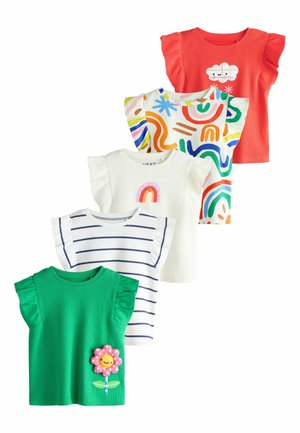 Fem farverige småbørnstoppe med flagrende ærmer, med legende designs som skyer, regnbuer, striber og smilende blomster.