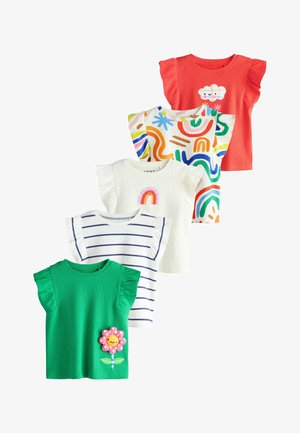 Fem farverige småbørnstoppe med flagrende ærmer, med legende designs som skyer, regnbuer, striber og smilende blomster.