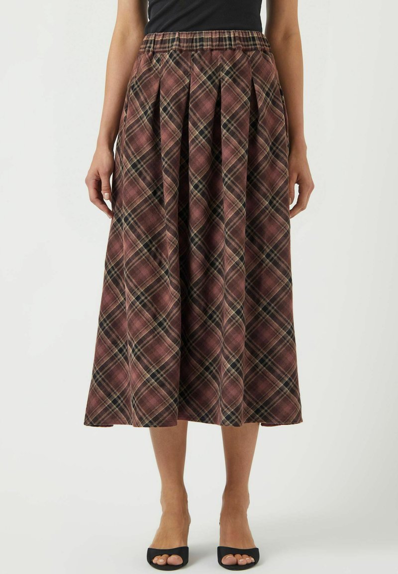 Gonna maxi a quadri in bordeaux, con un design plissè, vita elastica e linee in contrasto nere e crema. Tessuto morbido.