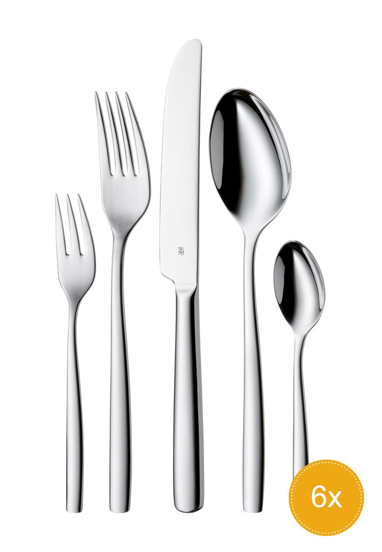 Edelstahl Besteckset mit sechs Teilen: ein Messer, zwei Gabeln und drei Löffel. Mit glatten, polierten Oberflächen und einem eleganten Design.