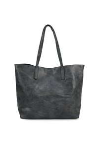 Zwarte leren tote bag met twee lange handvatten, voorzien van een gestructureerd oppervlak en een open bovenkant, zonder ritsen of extra beslag.