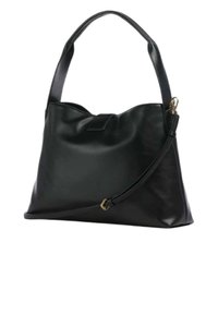 Borsa a tracolla in pelle nera con un design morbido e strutturato. Presenta una singola tracolla e una piccola accentuazione in metallo dorato.