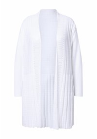 Vit öppen cardigan framtill i texturerad stickad tyg med vertikal ribb och bikupemönster. Har lång ärm och en avslappnad passform.