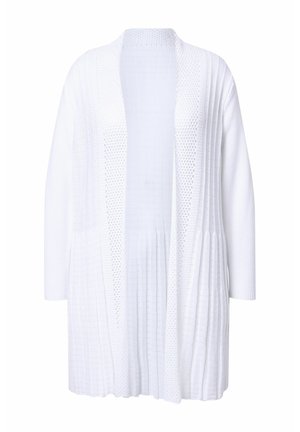 Weißer offener Cardigan aus strukturiertem Strickstoff mit vertikalen Rippen und Wabenmustern. Er verfügt über lange Ärmel und eine entspannte Passform.