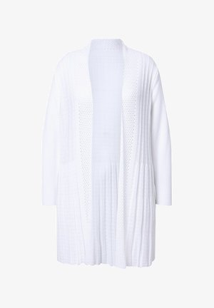 Weißer offener Cardigan aus strukturiertem Strickstoff mit vertikalen Rippen und Wabenmustern. Er verfügt über lange Ärmel und eine entspannte Passform.