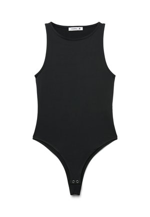 Body nero senza maniche aderente con collo alto e chiusura a scatto all'altezza del cavallo, taglia piccola, senza disegni o decorazioni.