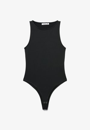 Body nero senza maniche aderente con collo alto e chiusura a scatto all'altezza del cavallo, taglia piccola, senza disegni o decorazioni.