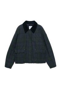 Grün und marineblaue Karojacke mit Cordkragen, zwei vorderen Taschen, Knopfakzenten und lockerer Passform. Glatte Textur, leichtes Material.