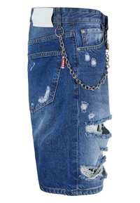 Jeansrok in middenblauw met versleten patches en rafelige randen. Beschikt over een kettingaccent dat aan de riemlus is bevestigd.