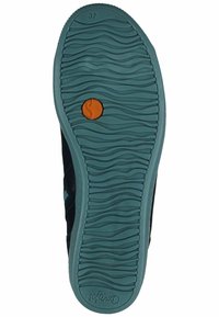 Suola di una scarpa con un motivo a onda, materiale in gomma color teal, con un piccolo accento circolare arancione al centro. Taglia 37 indicata sulla suola.