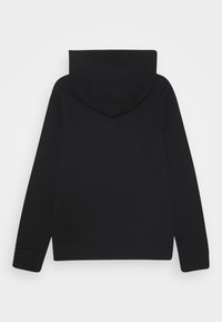Schwarzer Hoodie mit langen Ärmeln, gerippten Bündchen und Saum, von hinten auf einem schlichten hellen Hintergrund gezeigt.
