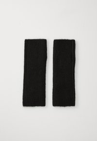 Guanti senza dita neri a coste realizzati in un morbido tessuto lavorato a maglia, con una finitura testurizzata e una sezione aperta per le dita.
