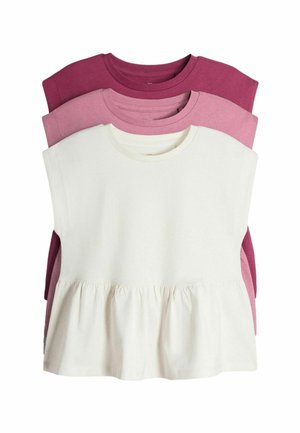 Three short-sleeve girls' tops with round necks, layered in white, light pink, and dark pink colors, with a ruffled hem on the front white top.