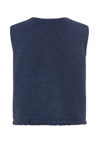 Marineblauwe mouwloze wollen vest met een eenvoudige ronde hals en rechte zoom, weergegeven van de achterkant.