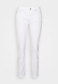 Jean blanc slim-fit avec bouton frontal et poches, présenté sur un fond clair uni.