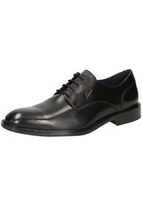 Scarpa da uomo in pelle nera con finitura liscia, punta rotonda, chiusura con lacci, tacco leggero e dettagli di cucitura discreti.