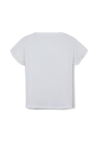 Biała krótko rękawowa koszula z koronkowym wykończeniem rękawów, gładkim tyłem i okrągłym dekoltem.