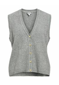 Gilet sans manches gris en matière tricotée douce, avec un décolleté en V profond et cinq boutons dorés sur le devant, doté d'un ourlet côtelé.