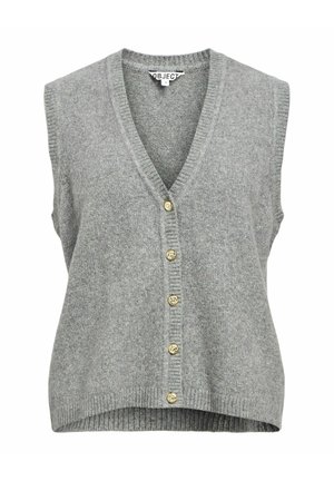 Gilet sans manches gris en matière tricotée douce, avec un décolleté en V profond et cinq boutons dorés sur le devant, doté d'un ourlet côtelé.
