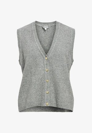 Grå ærmeløs vest lavet af blødt strikket materiale, med en dyb V-halsudskæring og fem guldtonede knapper foran samt ribbet kant.