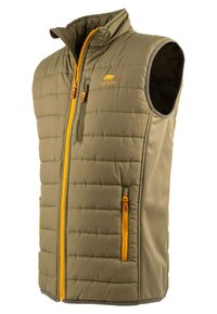 Khakifarbene Puffer-Weste mit hohem Kragen, gelbem Reißverschluss und zwei Seitentaschen. Verfügt über eine gesteppten Textur und ärmelloses Design.