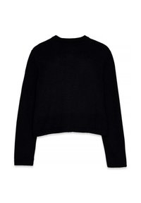 Melnā dzijas džemperis ar garām piedurknēm, apaļu kakla izgriezumu un īsu dizainu. Ar ribotu tekstūru un gludām malām. Nav rakstu vai akcentu.